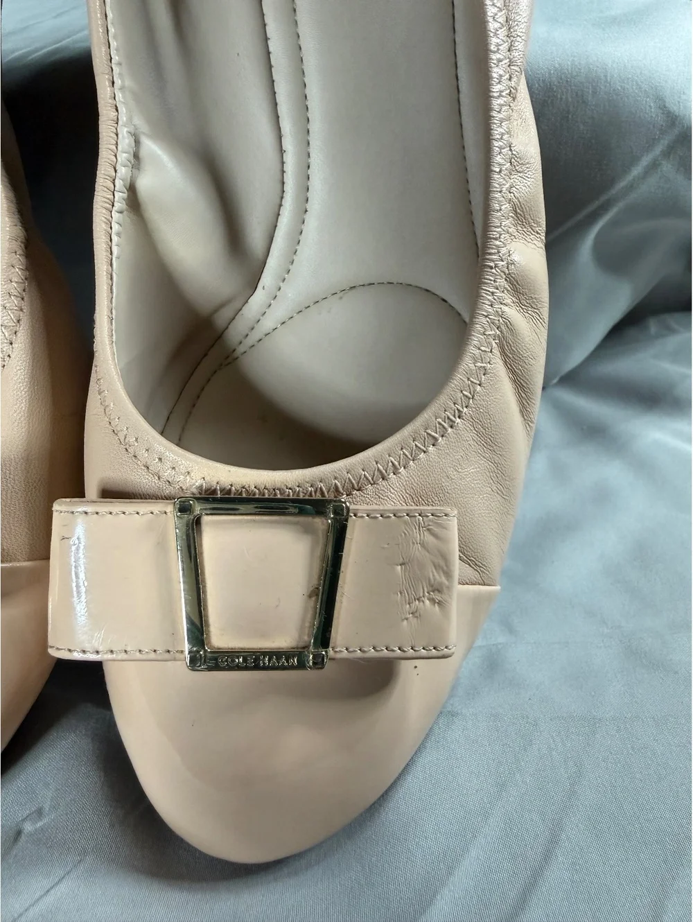 Cole Haan Beige Leather Wedge Heels with Bow Detail